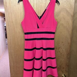 Pink V-Neck A-Line Dress with Black Banding